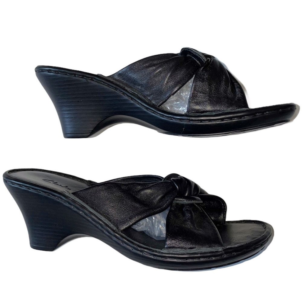 Clarks Black Knotted Leather Wedge Sandals